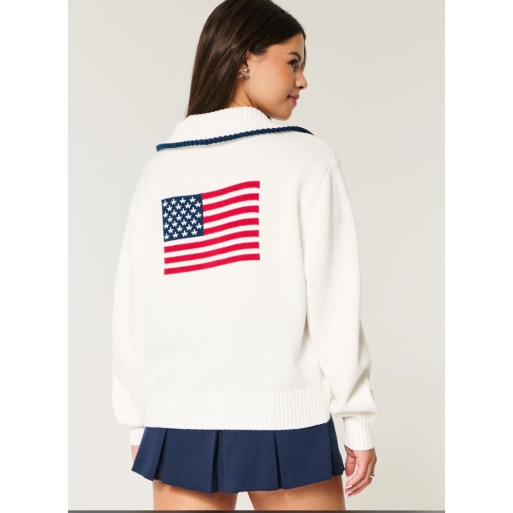 Hollister USA American Flag Quarter Zip Knit Sweater White Navy Red Women's Med